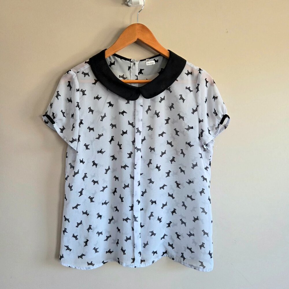 Peter Pan Collar Grey Dogs Pattern Blouse Short Sleeve Top - Picture 2 of 9